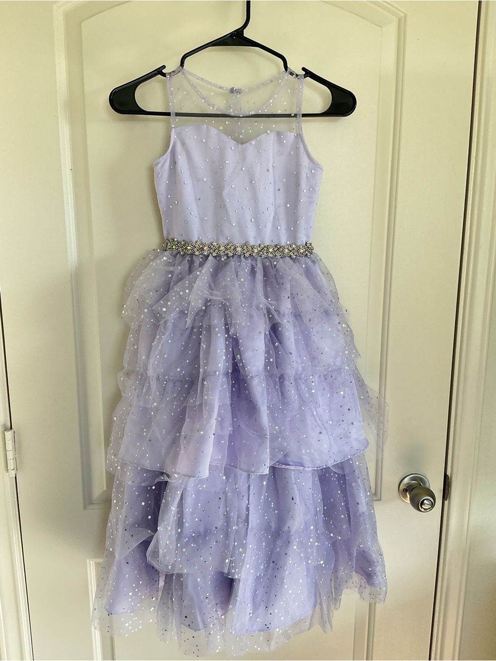 Rare Editions Lilac Beaded Waist Tiered Tulle Dress